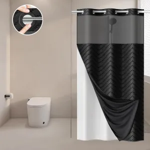 Small Stall Shower Curtain and Snap in Liner Set 74" L x 36" W,Black Tufted Chevron Striped Cloth Waterproof Washable Fabric,Boho Bath Curtain with See Through Mesh Top Window for Bathroom Hotel
