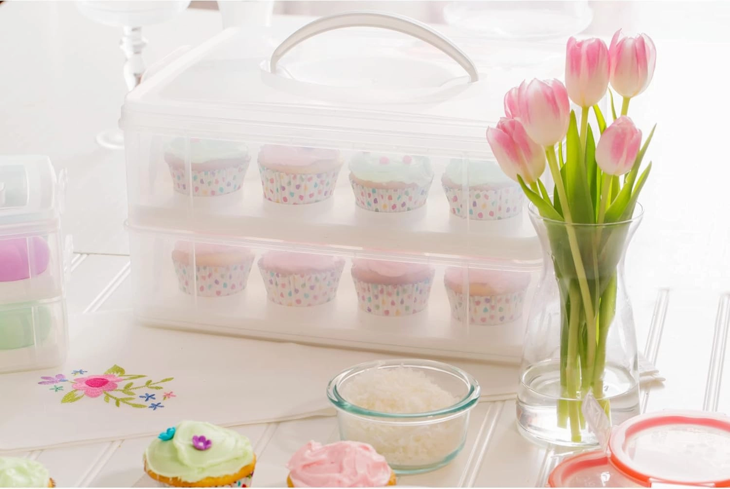 Snapware (2-Layer, 24 Cupcakes Plastic Detachable Cupcake Carrier Storage Container With Lid and Handle, Freezer Dishwasher Microwave Safe