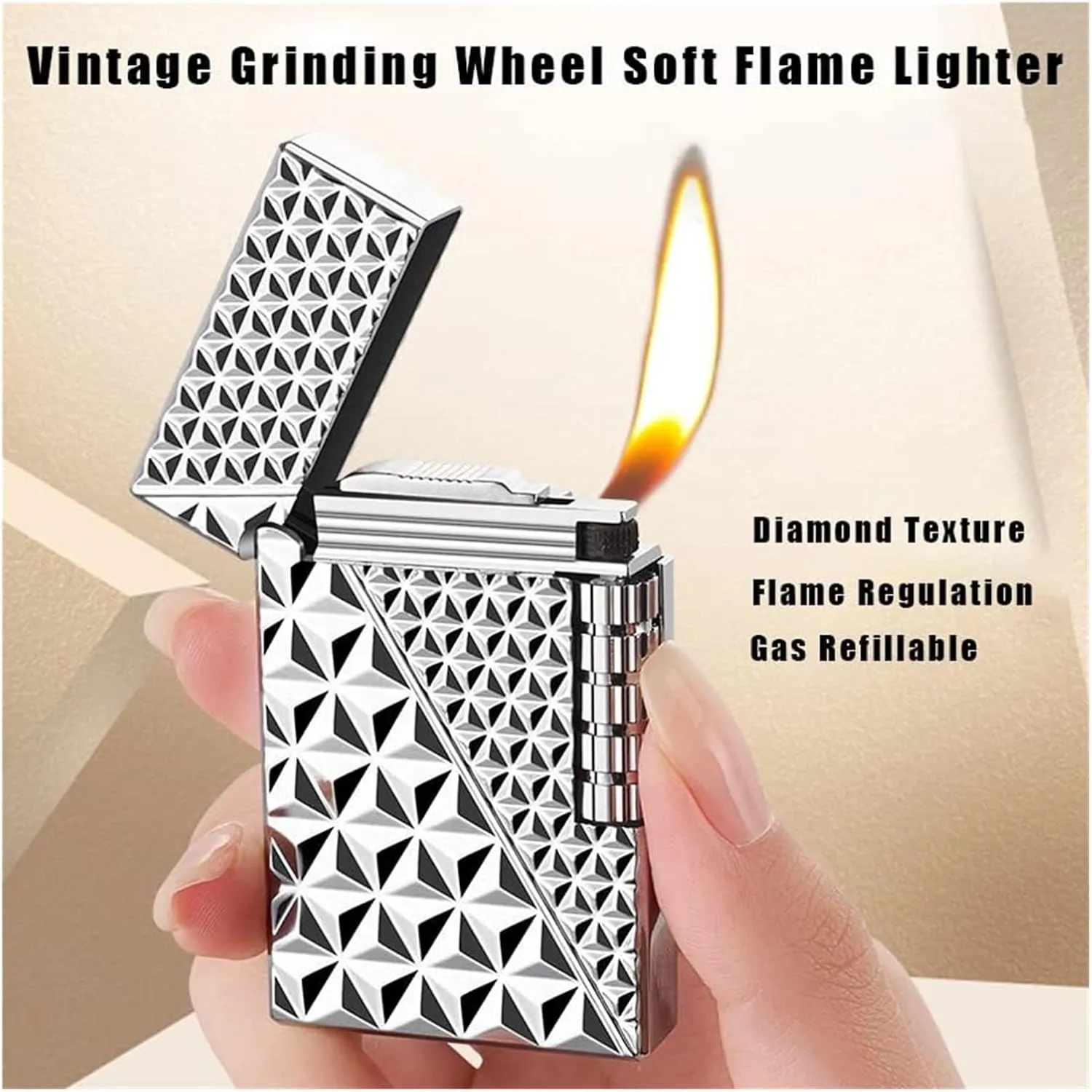 Soft Flame Metal Lighter Traditional Convenience Butane Lighter with Adjustable Flame Dial Vertical Fire Roller Flint Wheel Classic Drawing Lighter(Gold-1)