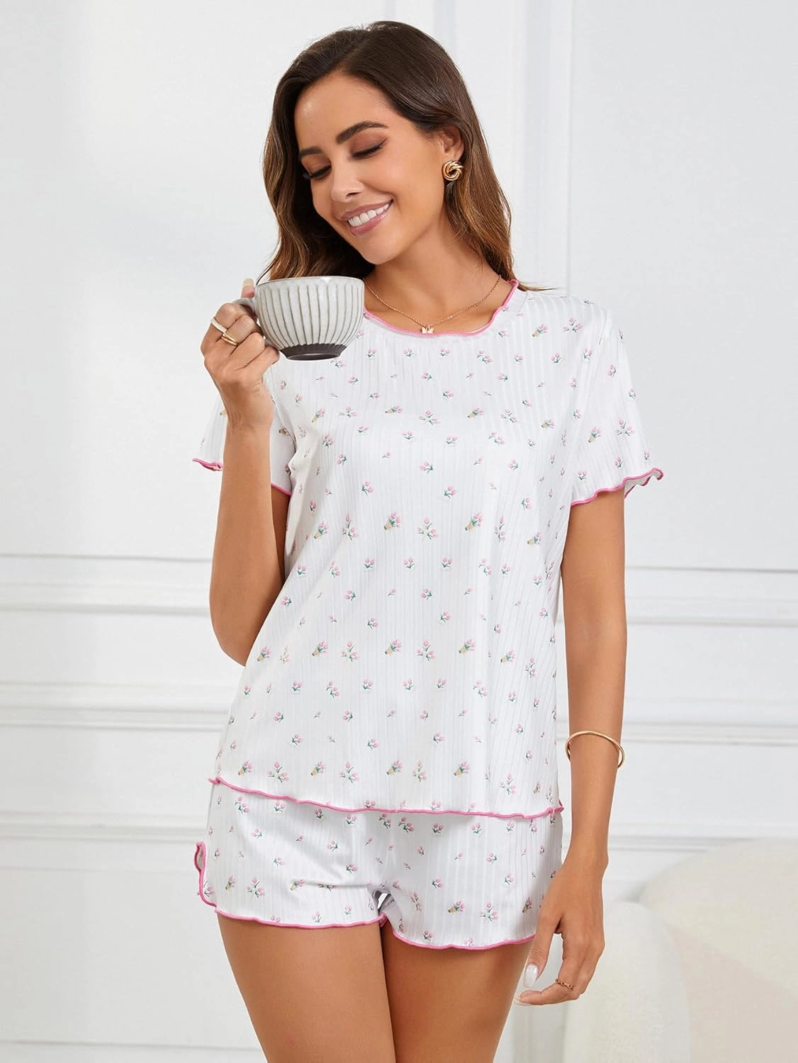 SOLY HUX Pajama Set for Women Cute Print Short Sleeve Tee and Shorts Lounge Sleepwear