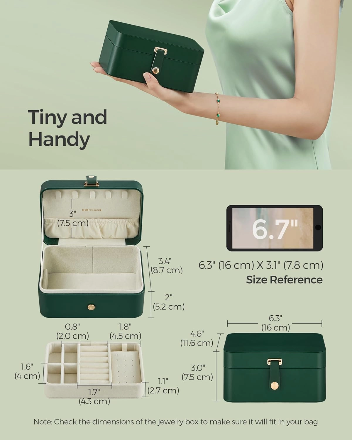 SONGMICS Jewelry Box, Travel Jewelry Case, 2-Layer Jewelry Holder Organizer, Portable Versatile Earring Storage, for Larger Accessories, Forest Green UJBC166C01