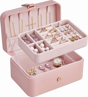 SONGMICS Jewelry Box, Travel Jewelry Case, 2-Layer Jewelry Holder Organizer, Portable Versatile Earring Storage, for Larger Accessories, Gifts for Women and Girls, Jelly Pink UJBC166R01