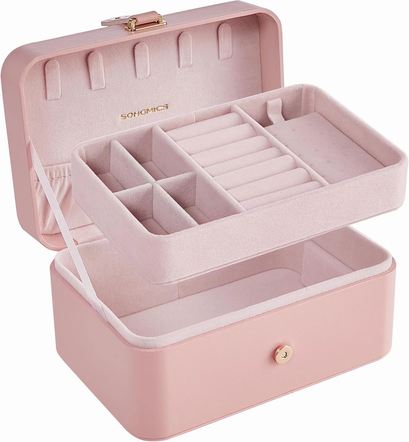 SONGMICS Jewelry Box, Travel Jewelry Case, 2-Layer Jewelry Holder Organizer, Portable Versatile Earring Storage, for Larger Accessories, Gifts for Women and Girls, Jelly Pink UJBC166R01