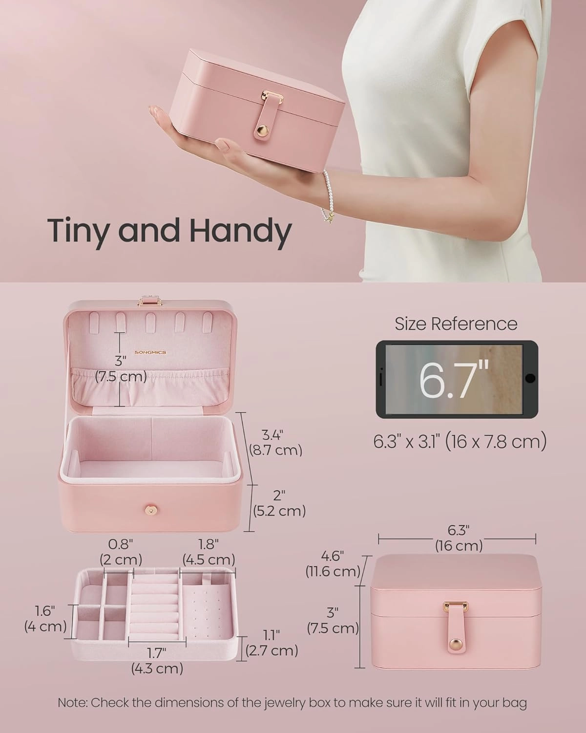 SONGMICS Jewelry Box, Travel Jewelry Case, 2-Layer Jewelry Holder Organizer, Portable Versatile Earring Storage, for Larger Accessories, Gifts for Women and Girls, Jelly Pink UJBC166R01