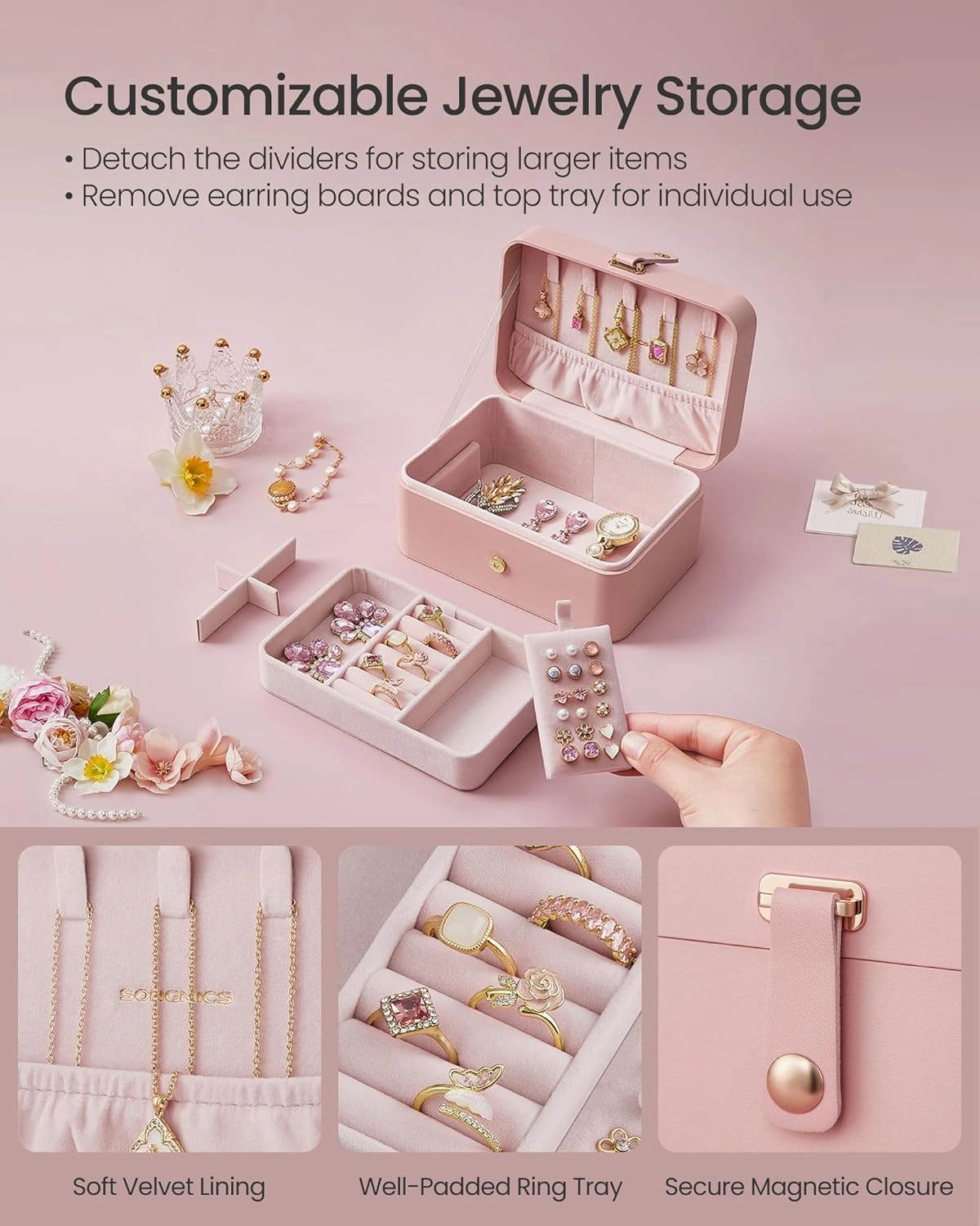 SONGMICS Jewelry Box, Travel Jewelry Case, 2-Layer Jewelry Holder Organizer, Portable Versatile Earring Storage, for Larger Accessories, Gifts for Women and Girls, Jelly Pink UJBC166R01