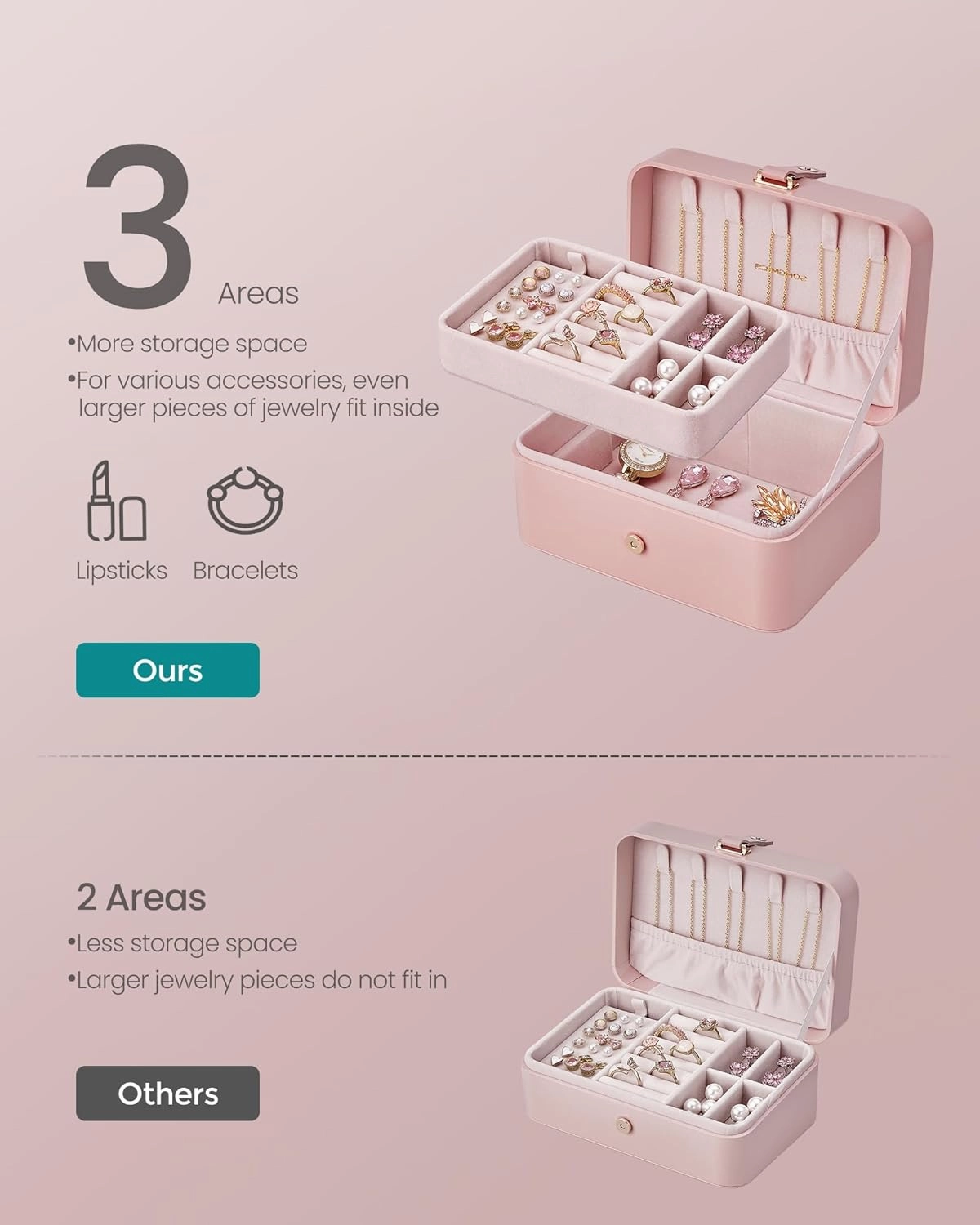 SONGMICS Jewelry Box, Travel Jewelry Case, 2-Layer Jewelry Holder Organizer, Portable Versatile Earring Storage, for Larger Accessories, Gifts for Women and Girls, Jelly Pink UJBC166R01