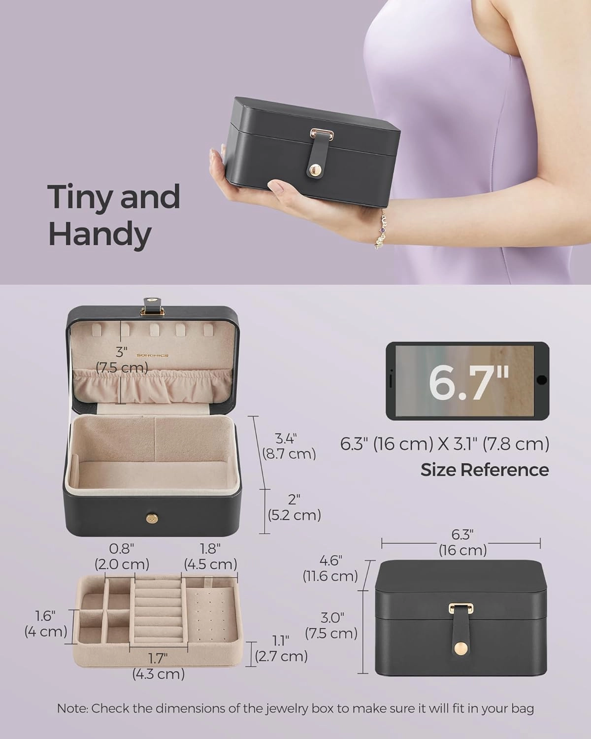 SONGMICS Jewelry Box, Travel Jewelry Case, 2-Layer Jewelry Holder Organizer, Portable Versatile Earring Storage, for Larger Accessories, Slate Gray UJBC166G01