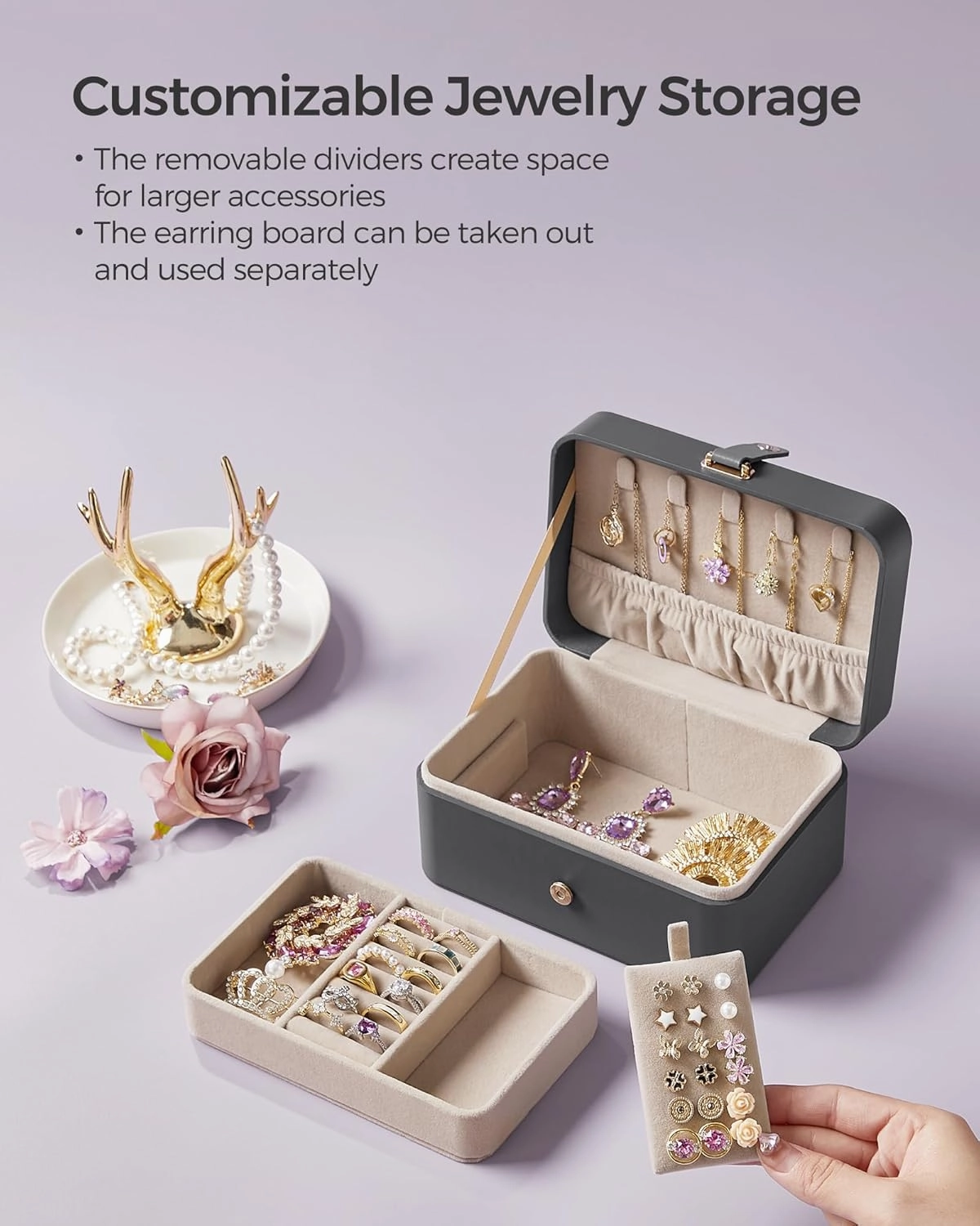 SONGMICS Jewelry Box, Travel Jewelry Case, 2-Layer Jewelry Holder Organizer, Portable Versatile Earring Storage, for Larger Accessories, Slate Gray UJBC166G01