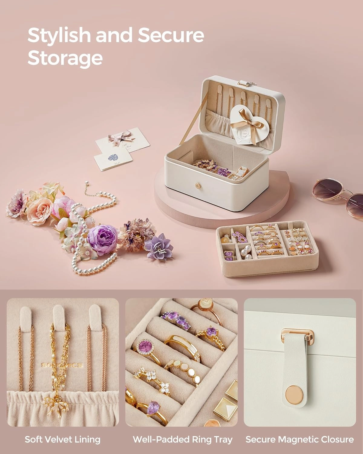 SONGMICS Jewelry Organizer Box, 2-Layer Travel Case for Earrings, Necklaces, Bracelets - Portable Jewelry Storage with Large Capacity, Gift-Ready Box for Women & Girls, Cloud White UJBC166W01