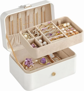 SONGMICS Jewelry Organizer Box, 2-Layer Travel Case for Earrings, Necklaces, Bracelets - Portable Jewelry Storage with Large Capacity, Gift-Ready Box for Women & Girls, Cloud White UJBC166W01