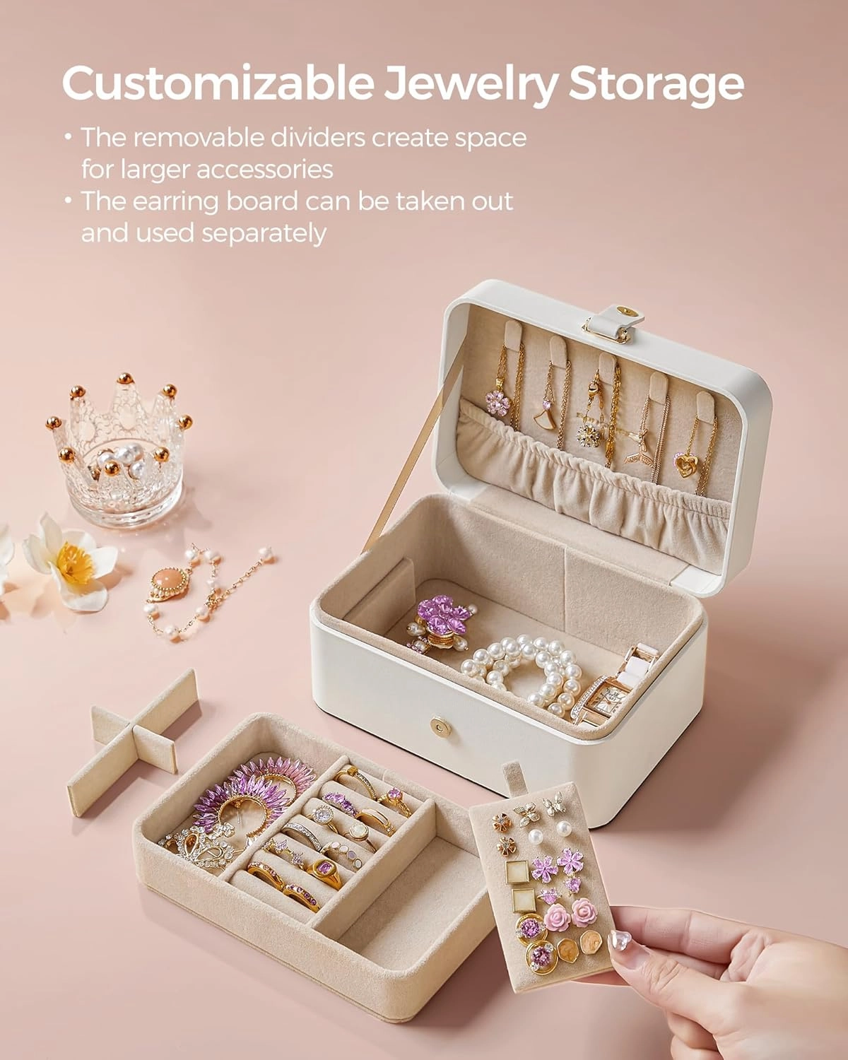 SONGMICS Jewelry Organizer Box, 2-Layer Travel Case for Earrings, Necklaces, Bracelets - Portable Jewelry Storage with Large Capacity, Gift-Ready Box for Women & Girls, Cloud White UJBC166W01