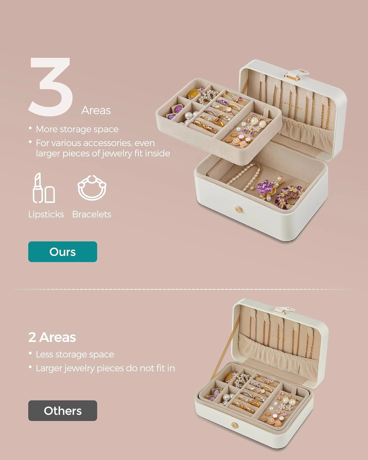 SONGMICS Jewelry Organizer Box, 2-Layer Travel Case for Earrings, Necklaces, Bracelets - Portable Jewelry Storage with Large Capacity, Gift-Ready Box for Women & Girls, Cloud White UJBC166W01