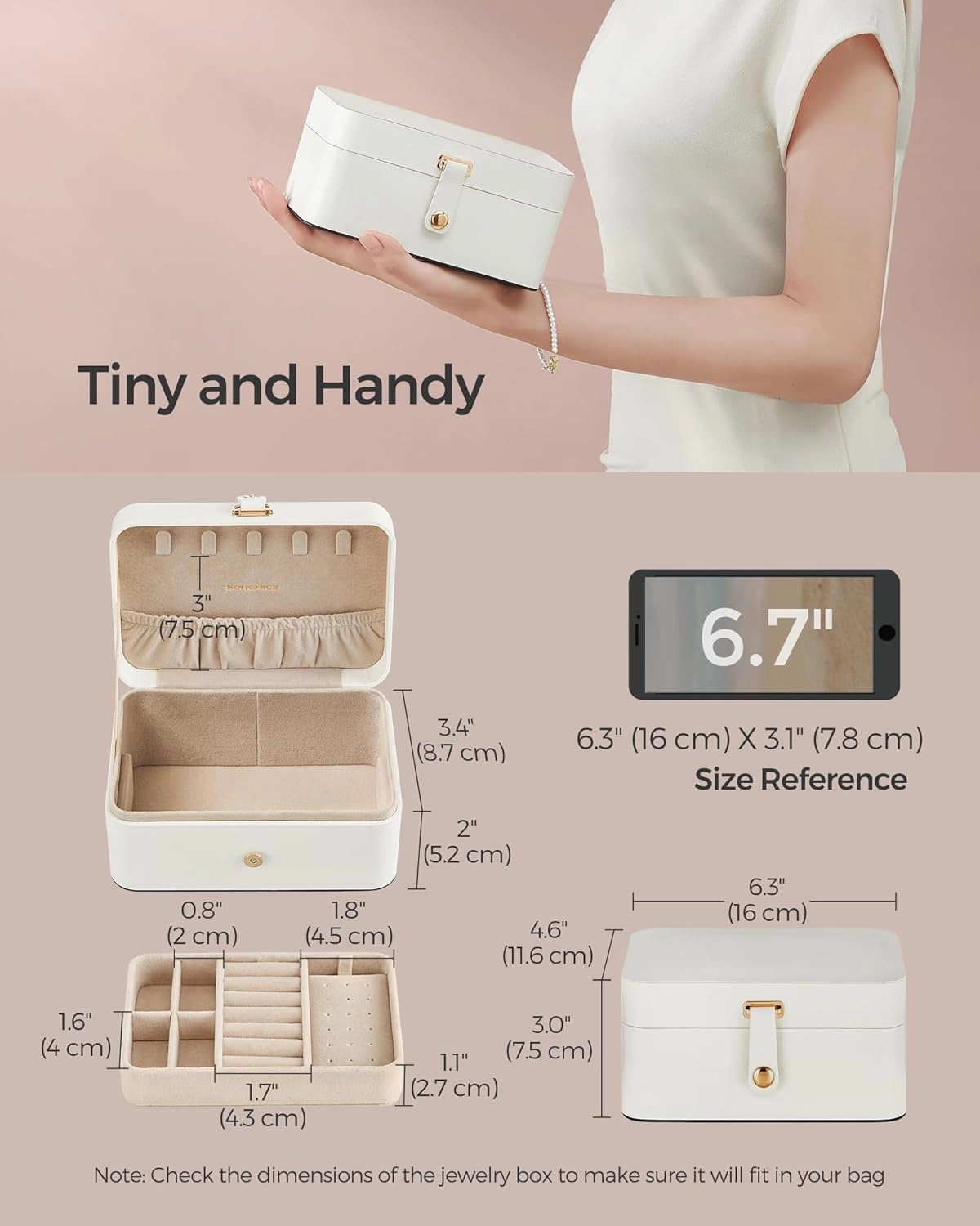 SONGMICS Jewelry Organizer Box, 2-Layer Travel Case for Earrings, Necklaces, Bracelets - Portable Jewelry Storage with Large Capacity, Gift-Ready Box for Women & Girls, Cloud White UJBC166W01