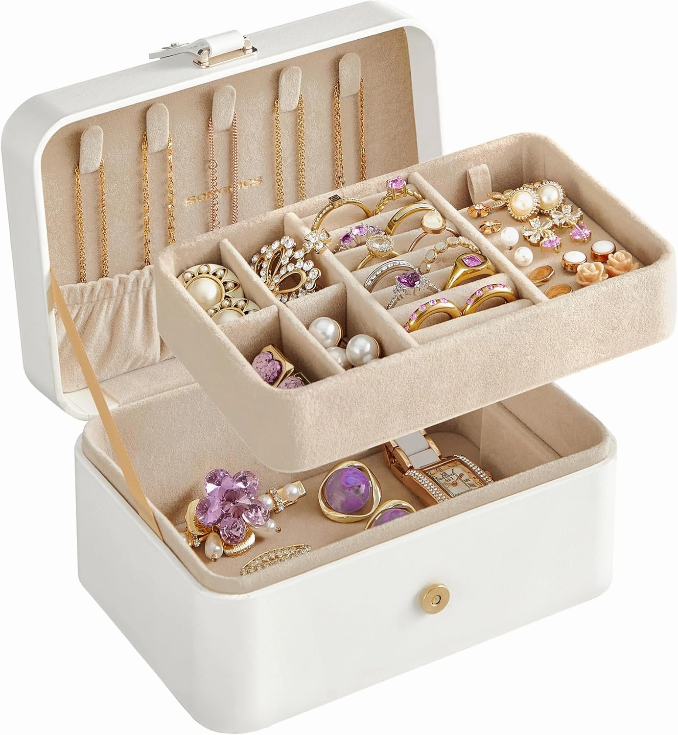 SONGMICS Jewelry Organizer Box, 2-Layer Travel Case for Earrings, Necklaces, Bracelets - Portable Jewelry Storage with Large Capacity, Gift-Ready Box for Women & Girls, Cloud White UJBC166W01