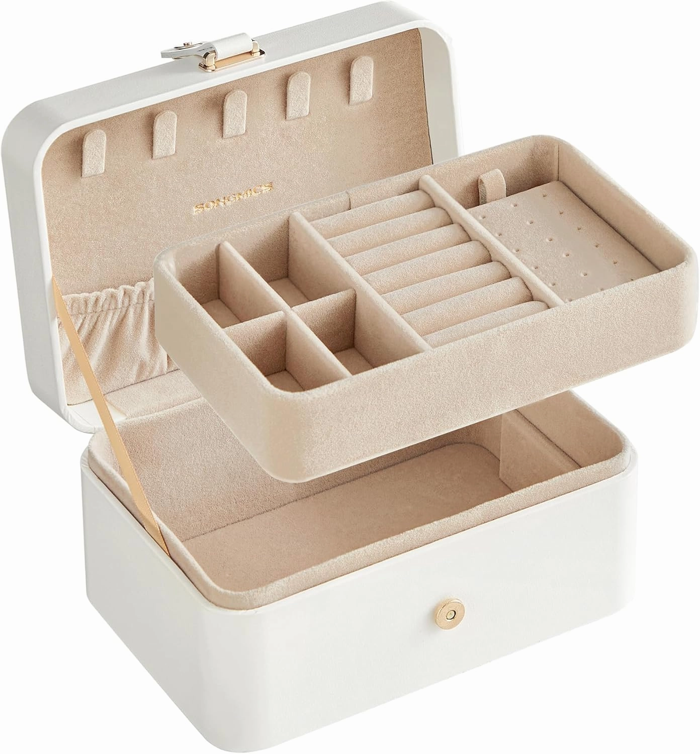 SONGMICS Jewelry Organizer Box, 2-Layer Travel Case for Earrings, Necklaces, Bracelets - Portable Jewelry Storage with Large Capacity, Gift-Ready Box for Women & Girls, Cloud White UJBC166W01