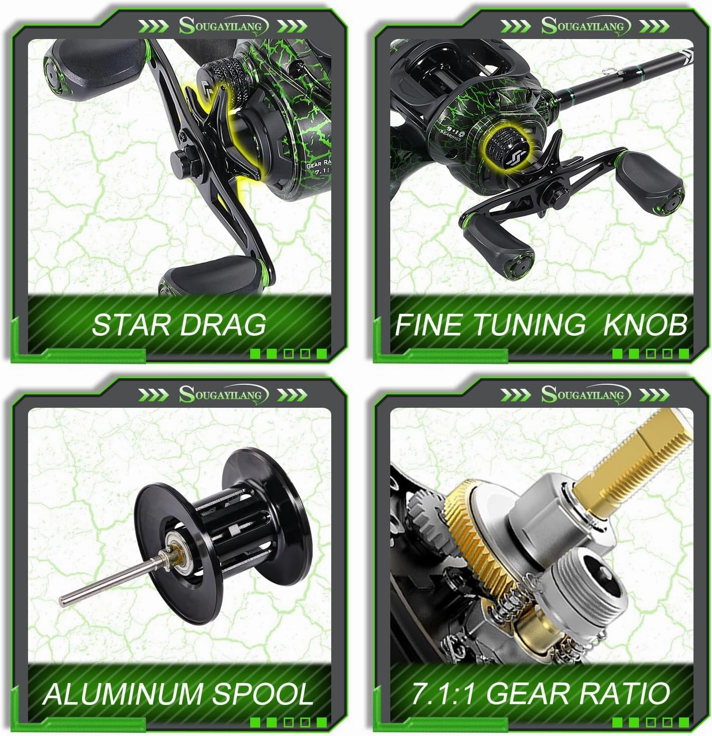 Sougayilang Casting Fishing Rod Combos, IM6 Graphite 2Pc Blanks, Anti-Reverse Baitcasting Reel, Stainless Steel Guides