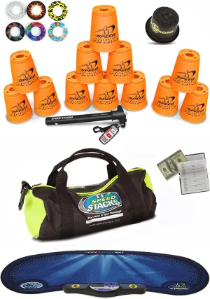 Speed Stacks Custom Combo Set - The Works: 12 ORANGE 4" Cups, Cup Keeper, Quick Release Stem, Pro Timer, Gen 3 Mat, 6 Snap Tops, Gear Bag & $100 Design Magnetic Credit Card Size Address Book