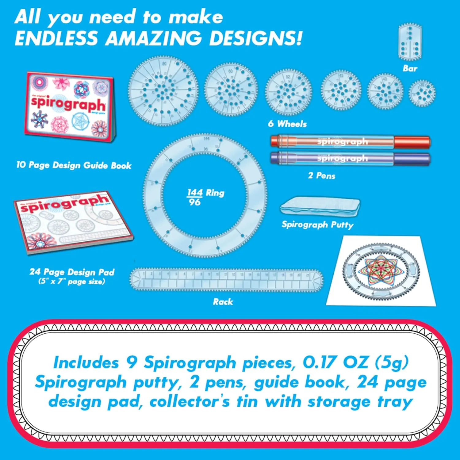 Spirograph Design Set Collectors Tin – Arts and Crafts, Kids Toys, Art Supplies, Craft Supplies, Drawing Kit, Spiral Art, Classic Gear Design Kit, Pens, Design Sheet Included, Ages 8 and Up
