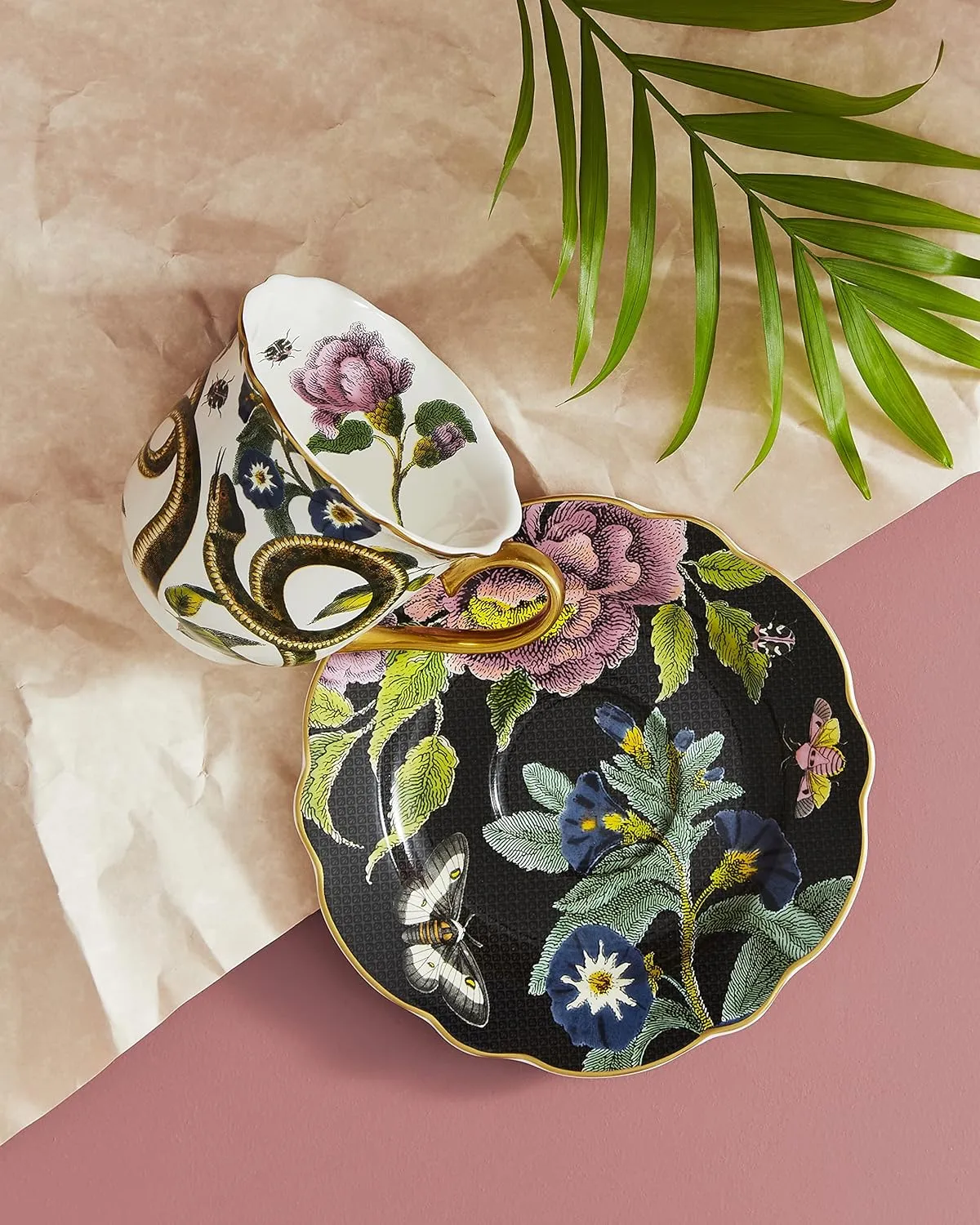Spode Creatures of Curiosity Collection Teacup and Saucer Set, Fluted Black Floral Saucer and Snake Mug, Gold Trim, British Tea Cup Set, 8.45 Ounce, Made of Fine China, Hand Wash