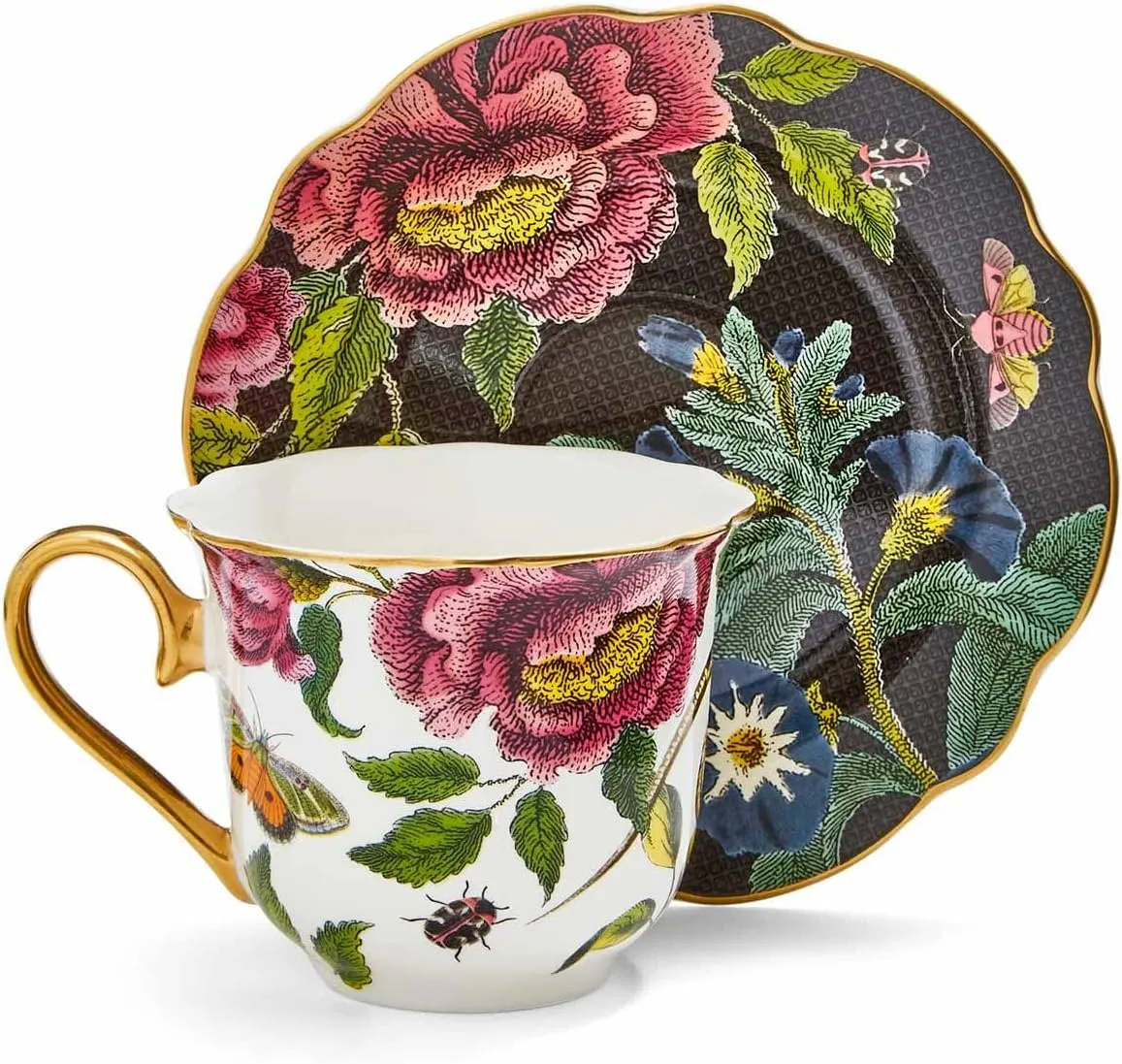 Spode Creatures of Curiosity Collection Teacup and Saucer Set, Fluted Black Floral Saucer and Snake Mug, Gold Trim, British Tea Cup Set, 8.45 Ounce, Made of Fine China, Hand Wash