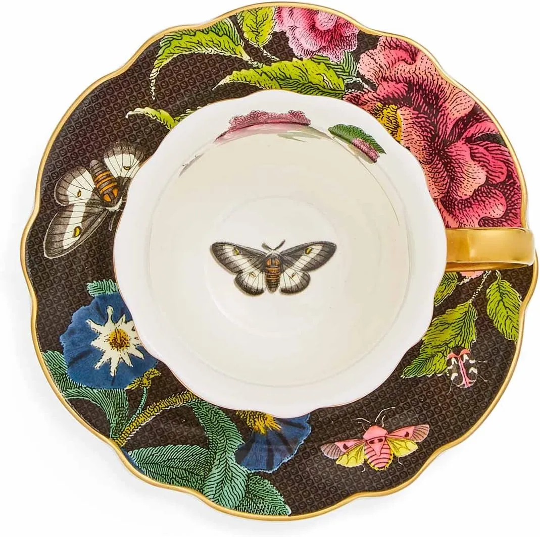 Spode Creatures of Curiosity Collection Teacup and Saucer Set, Fluted Black Floral Saucer and Snake Mug, Gold Trim, British Tea Cup Set, 8.45 Ounce, Made of Fine China, Hand Wash