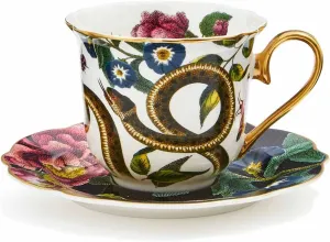 Spode Creatures of Curiosity Collection Teacup and Saucer Set, Fluted Black Floral Saucer and Snake Mug, Gold Trim, British Tea Cup Set, 8.45 Ounce, Made of Fine China, Hand Wash