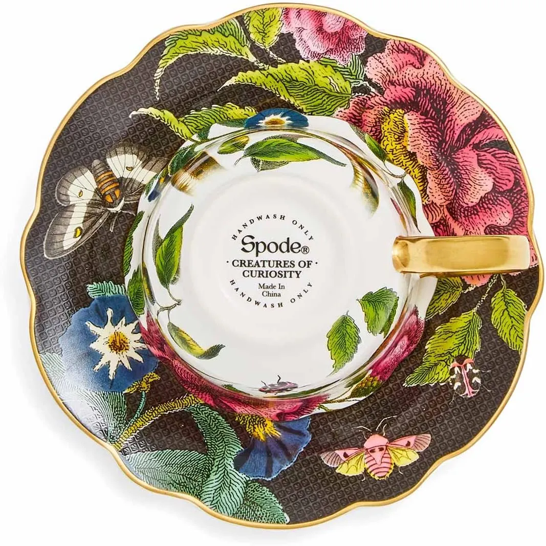 Spode Creatures of Curiosity Collection Teacup and Saucer Set, Fluted Black Floral Saucer and Snake Mug, Gold Trim, British Tea Cup Set, 8.45 Ounce, Made of Fine China, Hand Wash