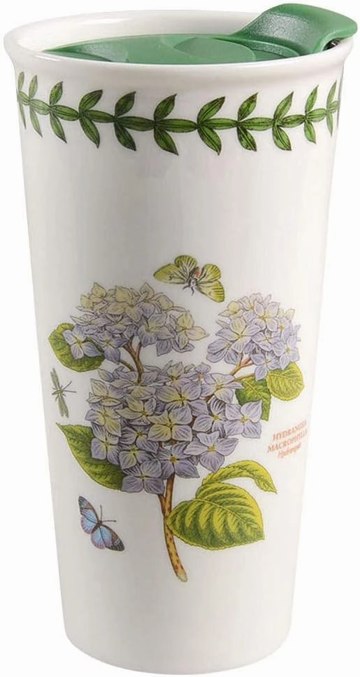 Spode Portmeirion Botanic Garden 12oz Travel Mug | Hydrangea Motif | Porcelain | Dishwasher, Microwave Safe | Ideal for Coffee, Tea, Hot Beverages on the Go