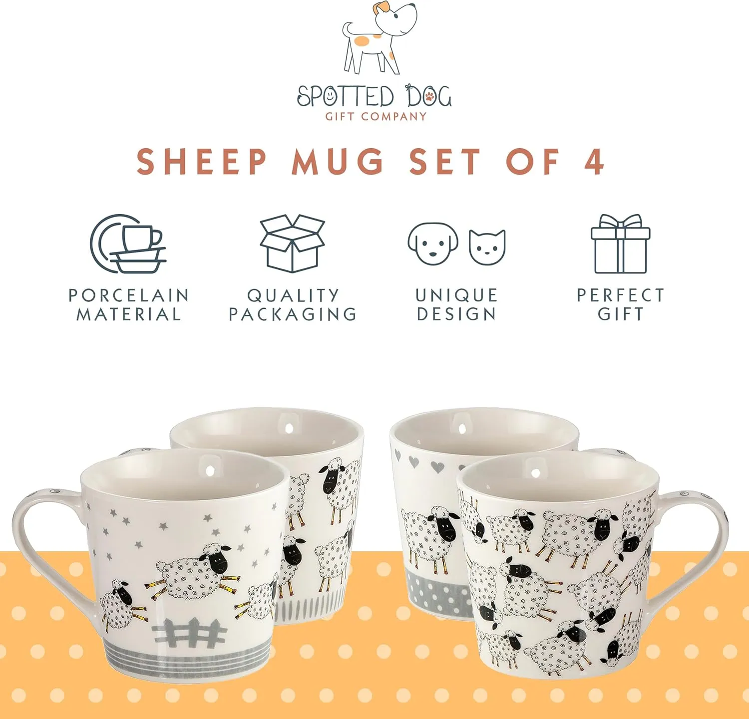 SPOTTED DOG GIFT COMPANY Sheep Mug Set of 4, Farm Coffee Mugs, Black and White Animal Themed Ceramic Tea Cups, Microwave Dishwasher Safe, Cute Kitchen Gifts for Sheep Lovers Owners - 13oz