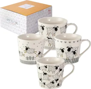 SPOTTED DOG GIFT COMPANY Sheep Mug Set of 4, Farm Coffee Mugs, Black and White Animal Themed Ceramic Tea Cups, Microwave Dishwasher Safe, Cute Kitchen Gifts for Sheep Lovers Owners - 13oz