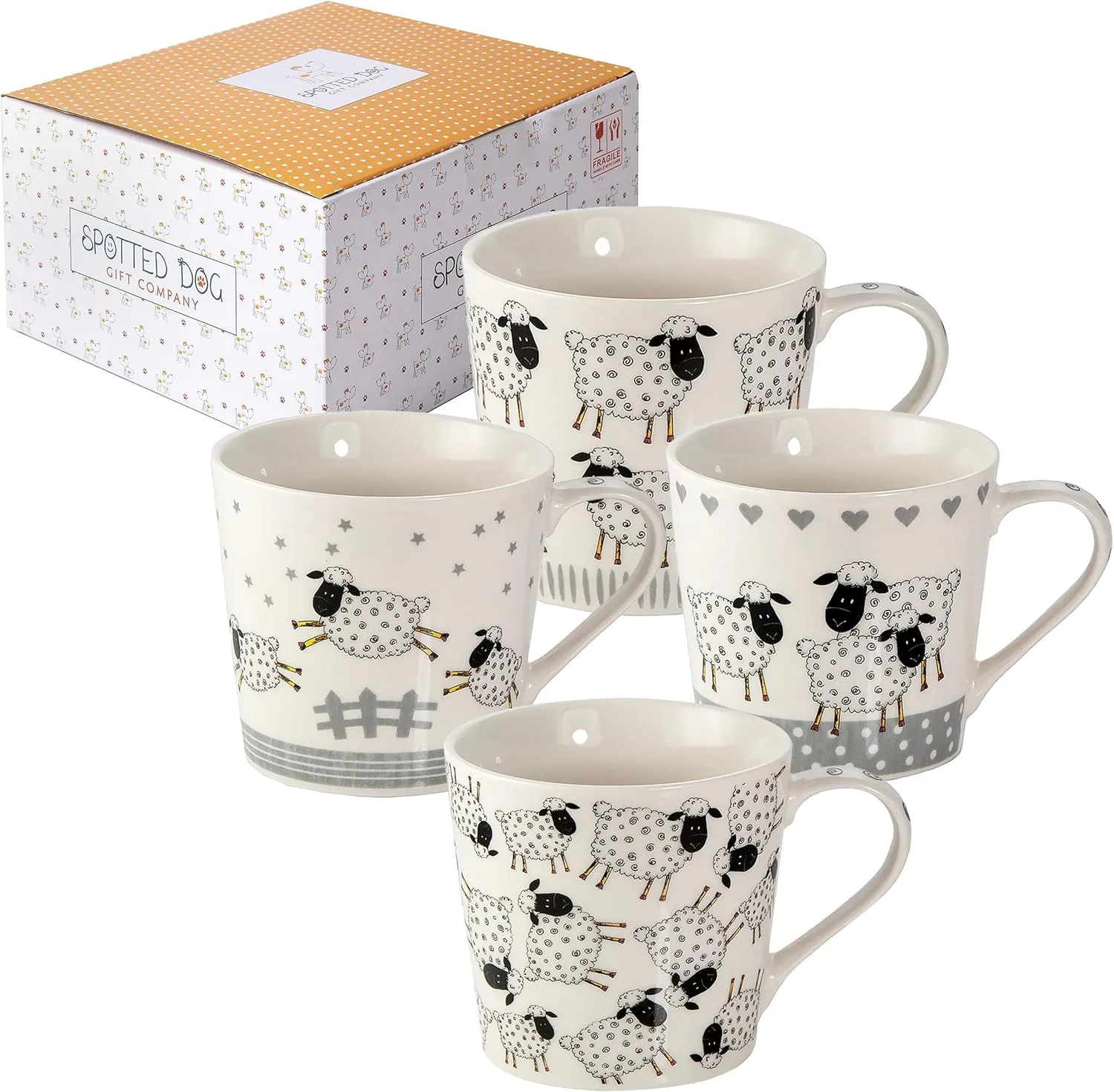 SPOTTED DOG GIFT COMPANY Sheep Mug Set of 4, Farm Coffee Mugs, Black and White Animal Themed Ceramic Tea Cups, Microwave Dishwasher Safe, Cute Kitchen Gifts for Sheep Lovers Owners - 13oz