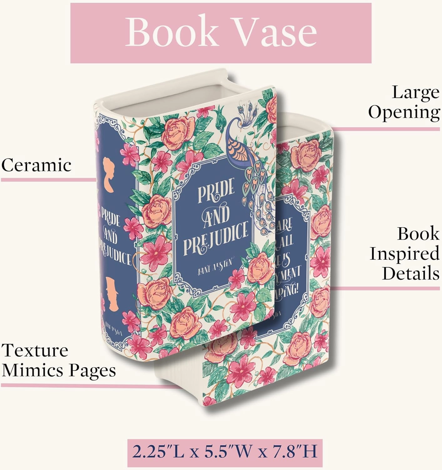 Steel Mill & Co Original Book-Shaped Decorative Vase, Ceramic Vases for Home Decor, Cute Bookshelf Decor, Unique Vase for Book Lovers (Large - Pride and Prejudice)