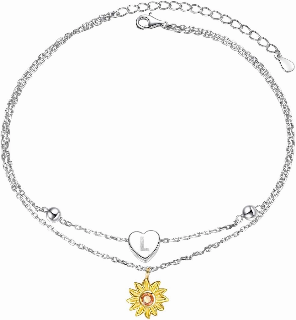 Sterling Silver Layered Chain Alphabet Letter Initial with Sunflower Beads Foot Bracelet Anklet for Women