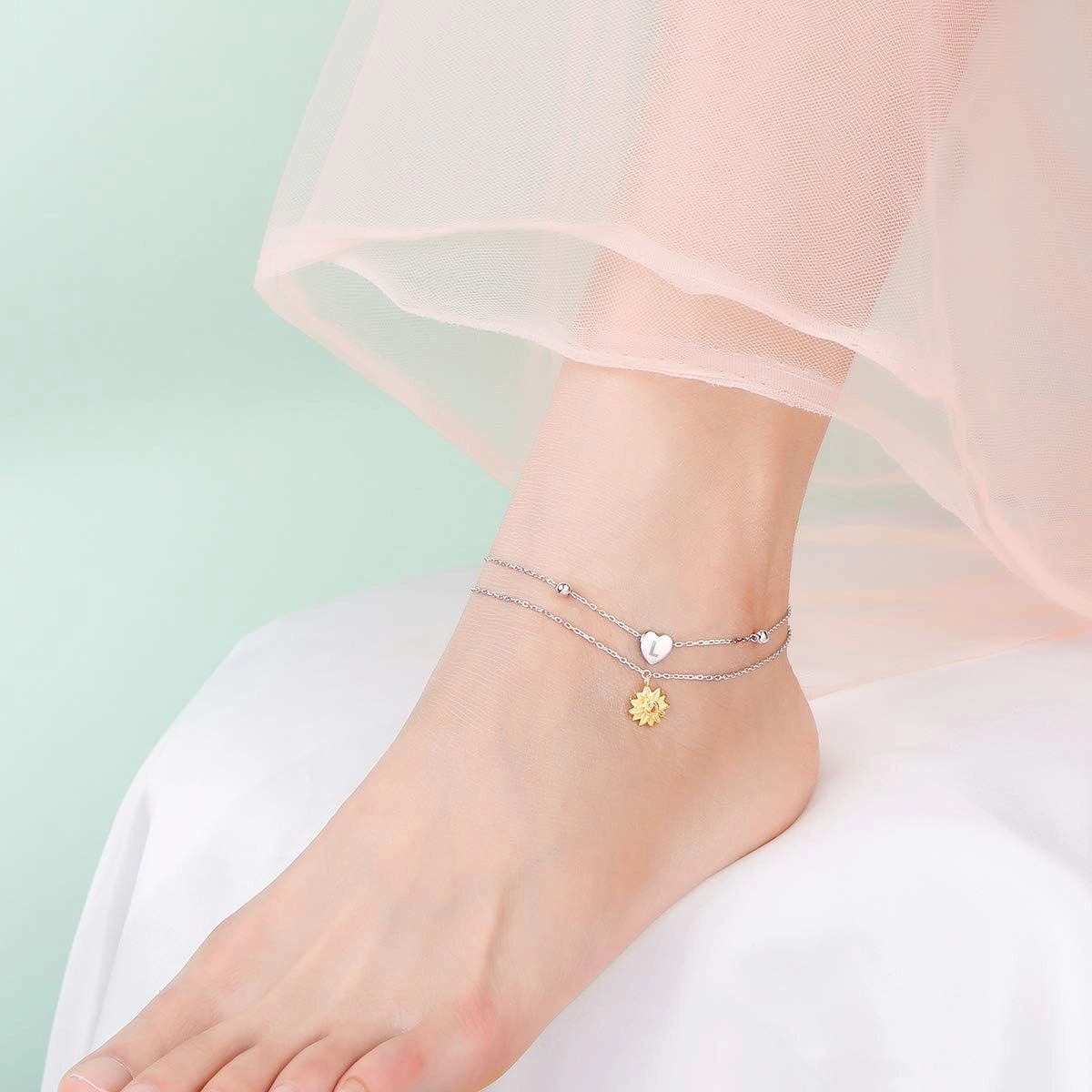 Sterling Silver Layered Chain Alphabet Letter Initial with Sunflower Beads Foot Bracelet Anklet for Women