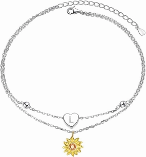 Sterling Silver Layered Chain Alphabet Letter Initial with Sunflower Beads Foot Bracelet Anklet for Women