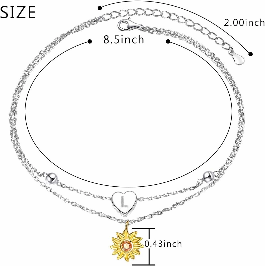 Sterling Silver Layered Chain Alphabet Letter Initial with Sunflower Beads Foot Bracelet Anklet for Women