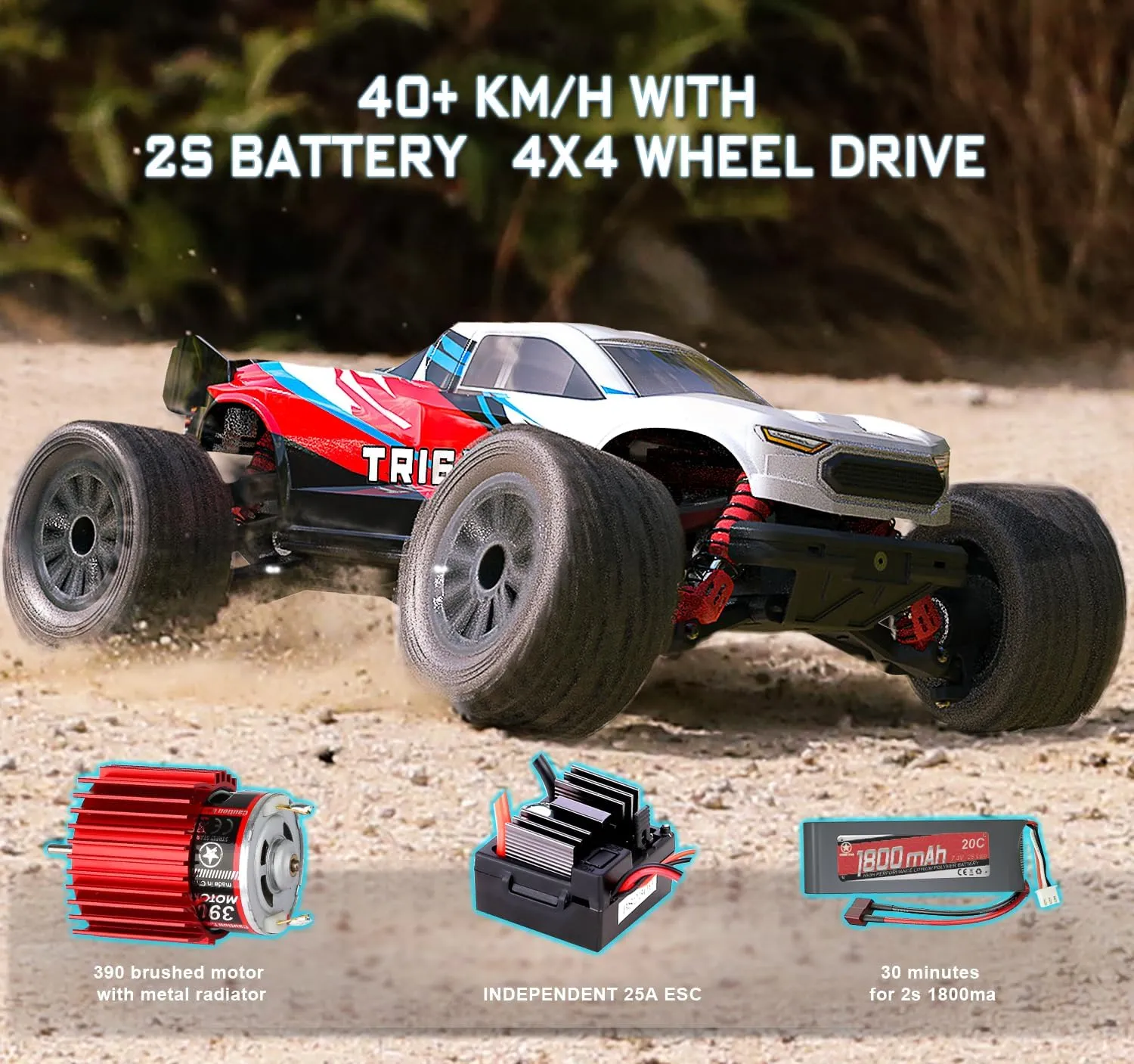 STREETSTAR 1/16 Scale All Terrain RC Car, 40KPH High Speed 4WD Electric Vehicle with 2.4 GHz Remote Control, Waterproof, 1800mAh Li-Po, 30  Min Playtime - TR-16 Red.