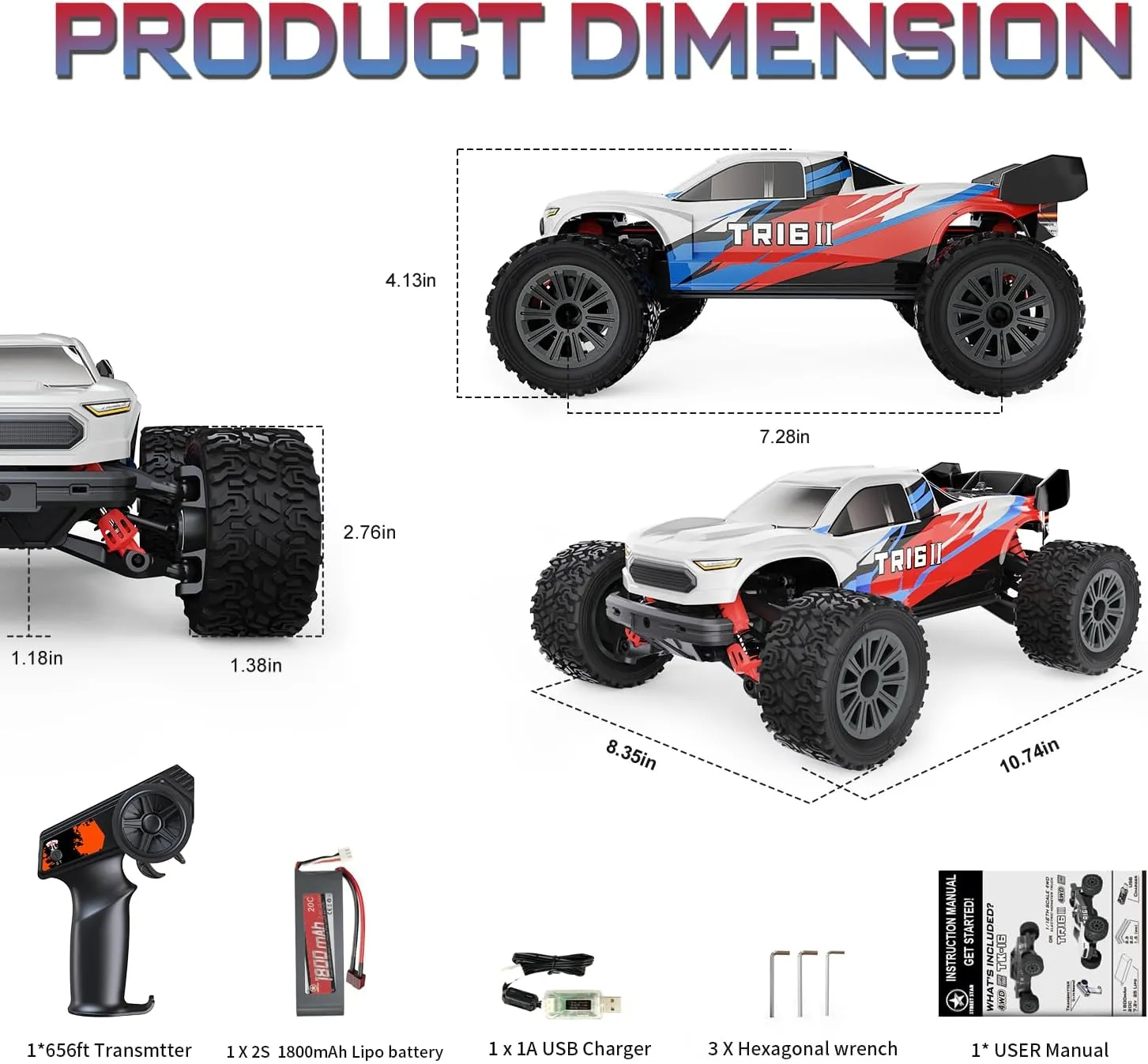 STREETSTAR 1/16 Scale All Terrain RC Car, 40KPH High Speed 4WD Electric Vehicle with 2.4 GHz Remote Control, Waterproof, 1800mAh Li-Po, 30  Min Playtime - TR-16 Red.