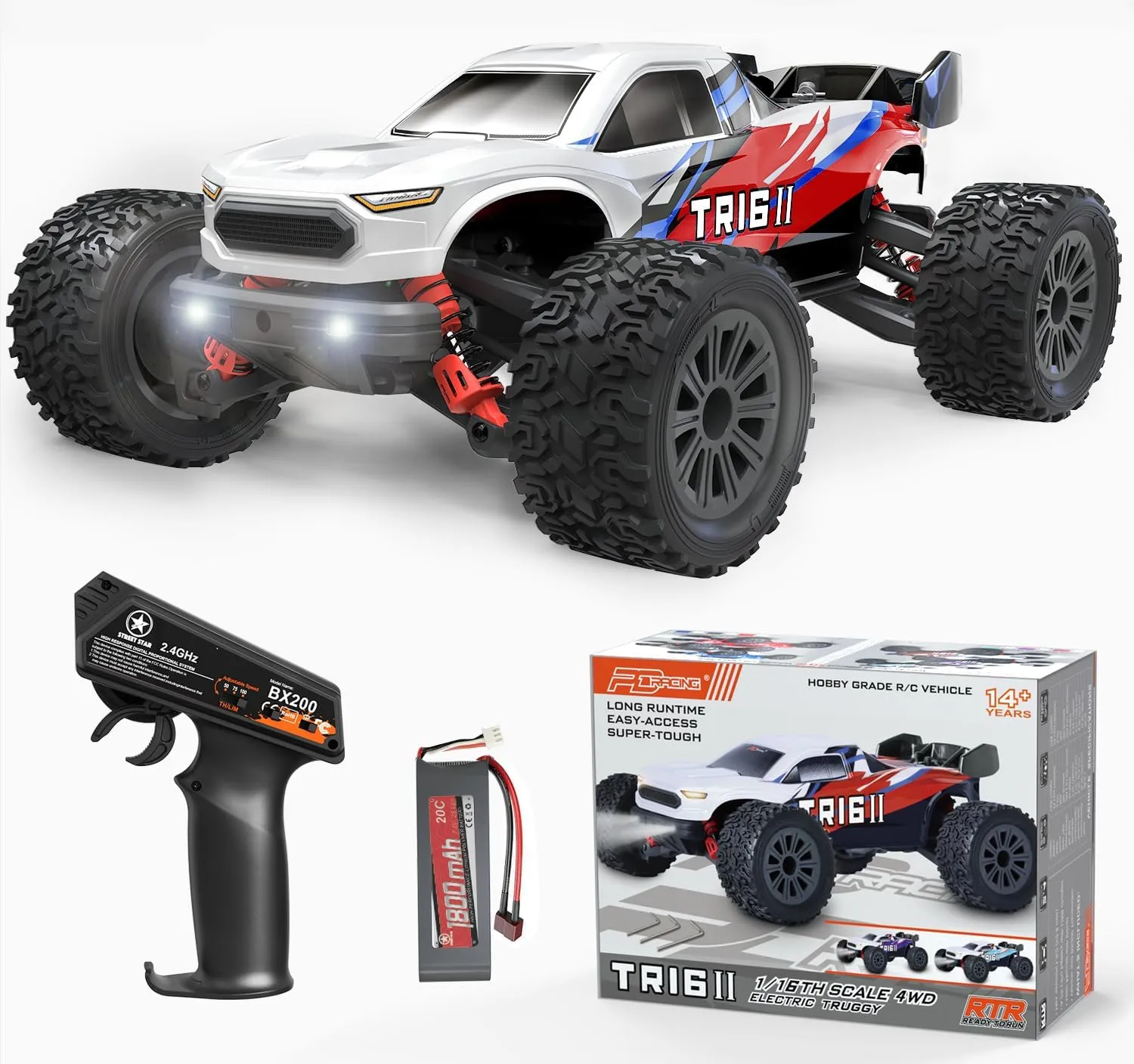 STREETSTAR 1/16 Scale All Terrain RC Car, 40KPH High Speed 4WD Electric Vehicle with 2.4 GHz Remote Control, Waterproof, 1800mAh Li-Po, 30  Min Playtime - TR-16 Red.