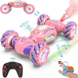 Stunt Car with Lights & Music, Hand Gesture Control, 360 Spins - All Terrains RC Car Toys for 6-14 Year Olds (Pink)
