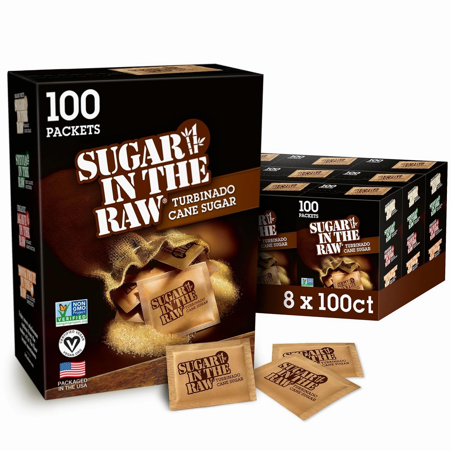 Sugar In The Raw Turbinado Cane Sugar Packets, 100 Ct Box, 8 Pack, Pure, All-Natural Turbinado Sugar, Non-GMO Project Verified, Kosher, Vegan and Gluten Free