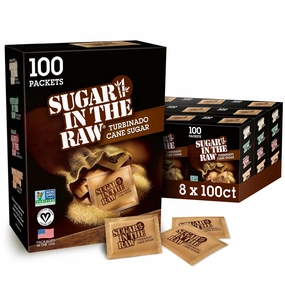 Sugar In The Raw Turbinado Cane Sugar Packets, 100 Ct Box, 8 Pack, Pure, All-Natural Turbinado Sugar, Non-GMO Project Verified, Kosher, Vegan and Gluten Free