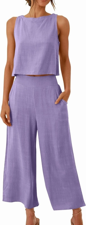 Summer Vacation 2 Piece Outfits For Women 2024 Sleeveless Crop Top Capri Wide Leg Pants Matching Lounge Set Linen Sets