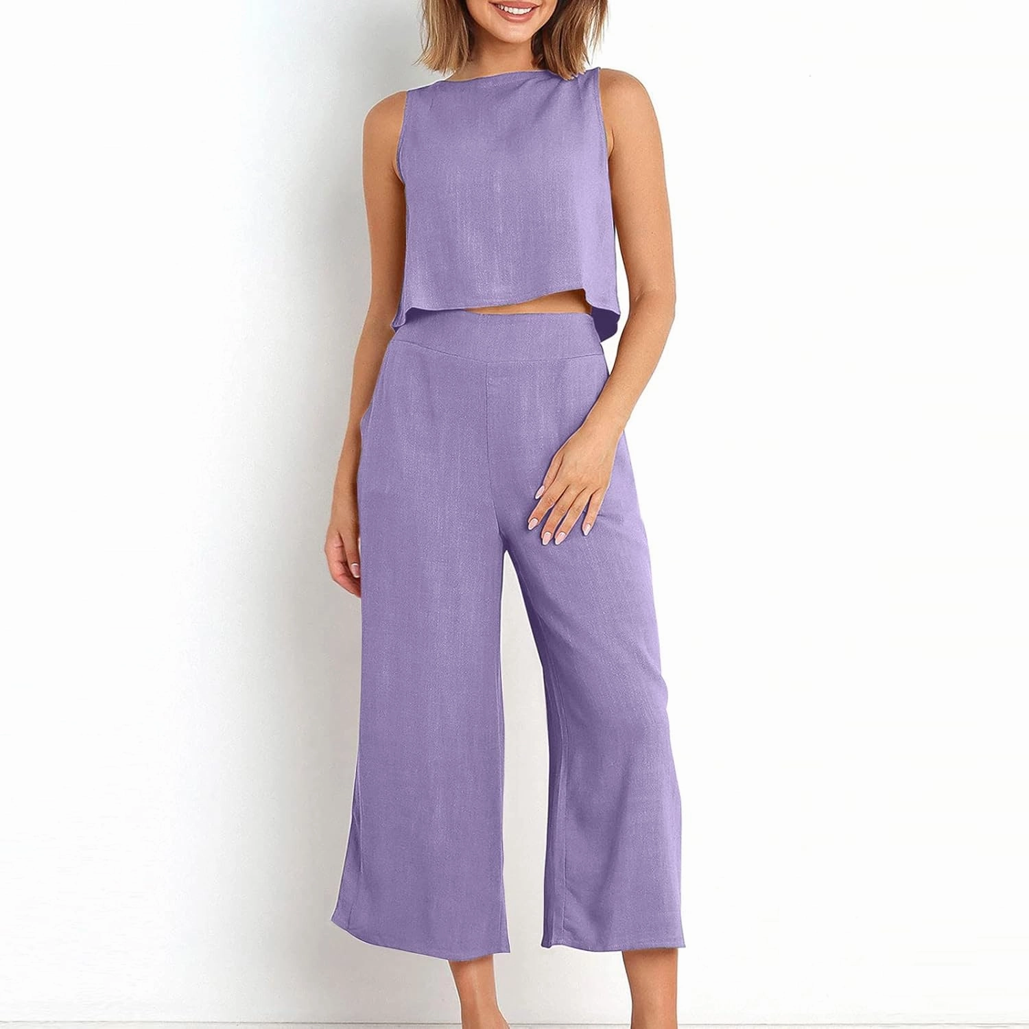 Summer Vacation 2 Piece Outfits For Women 2024 Sleeveless Crop Top Capri Wide Leg Pants Matching Lounge Set Linen Sets