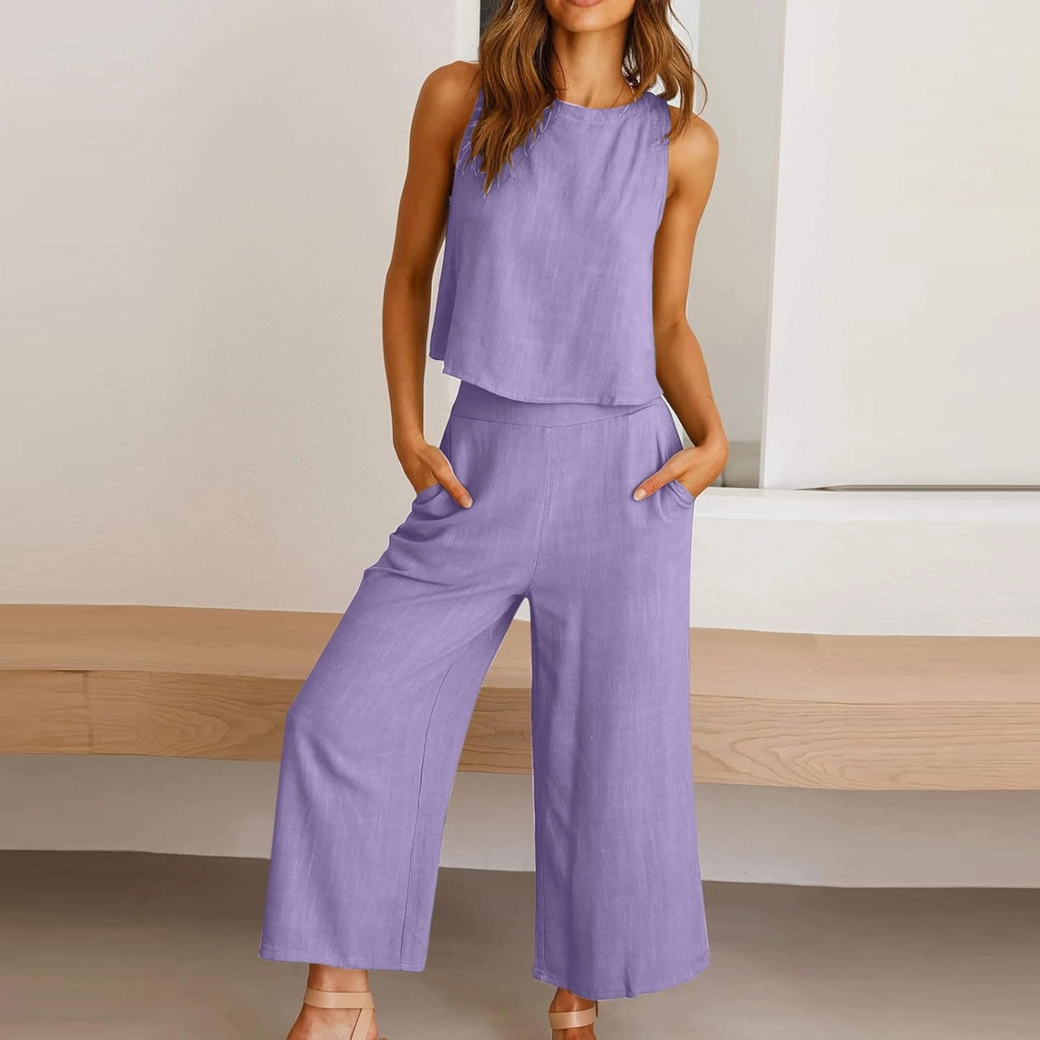 Summer Vacation 2 Piece Outfits For Women 2024 Sleeveless Crop Top Capri Wide Leg Pants Matching Lounge Set Linen Sets