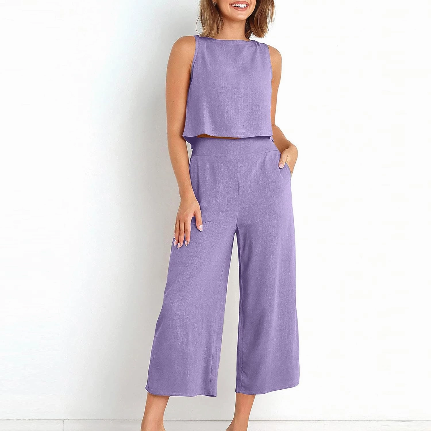 Summer Vacation 2 Piece Outfits For Women 2024 Sleeveless Crop Top Capri Wide Leg Pants Matching Lounge Set Linen Sets