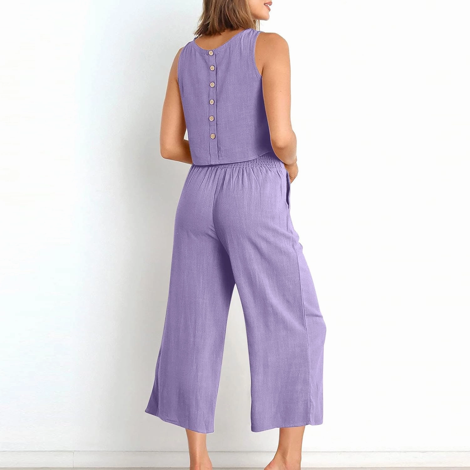 Summer Vacation 2 Piece Outfits For Women 2024 Sleeveless Crop Top Capri Wide Leg Pants Matching Lounge Set Linen Sets
