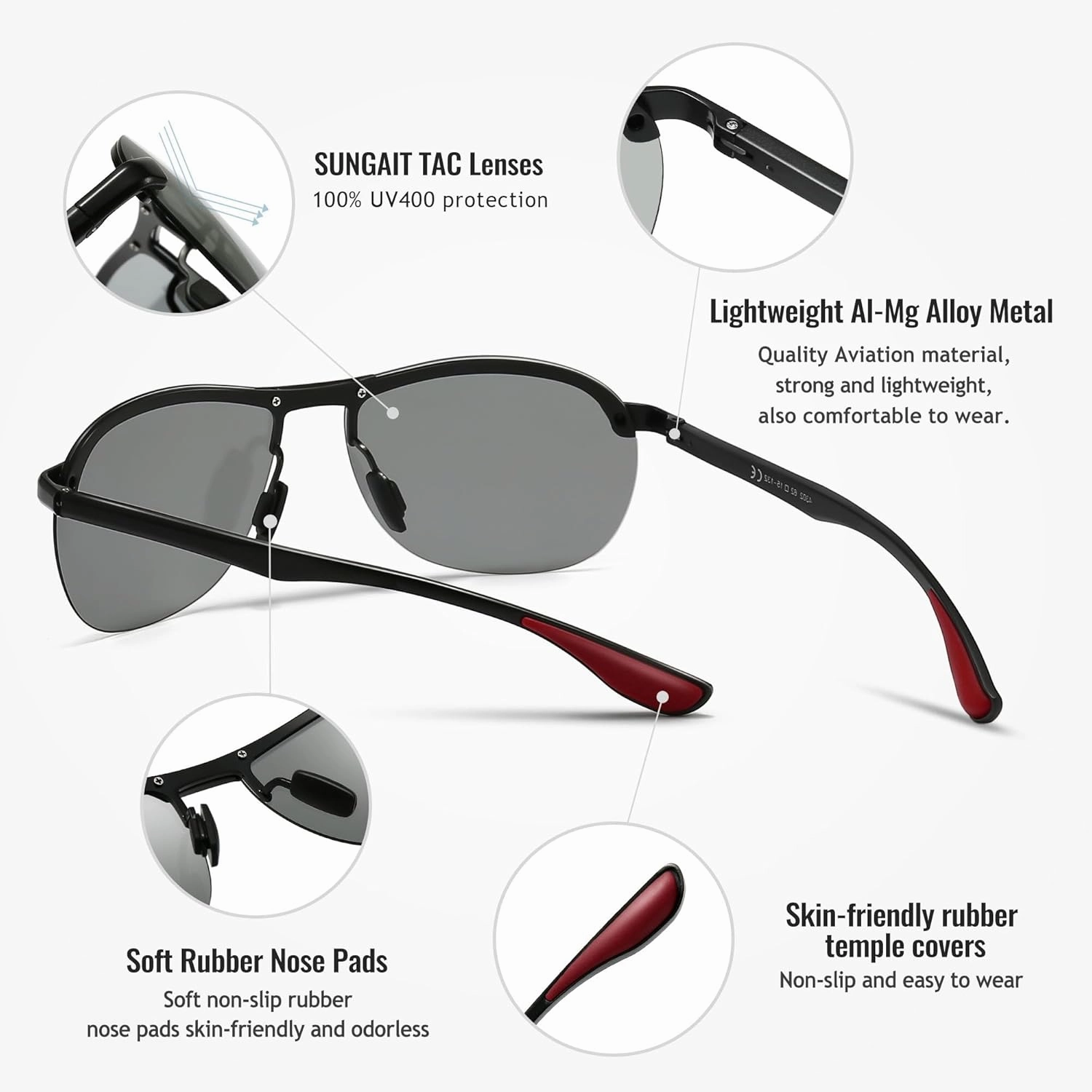 SUNGAIT Ultra Lightweight Polarized Sunglasses Men Rectangular Metal Frame with Spring Hinge