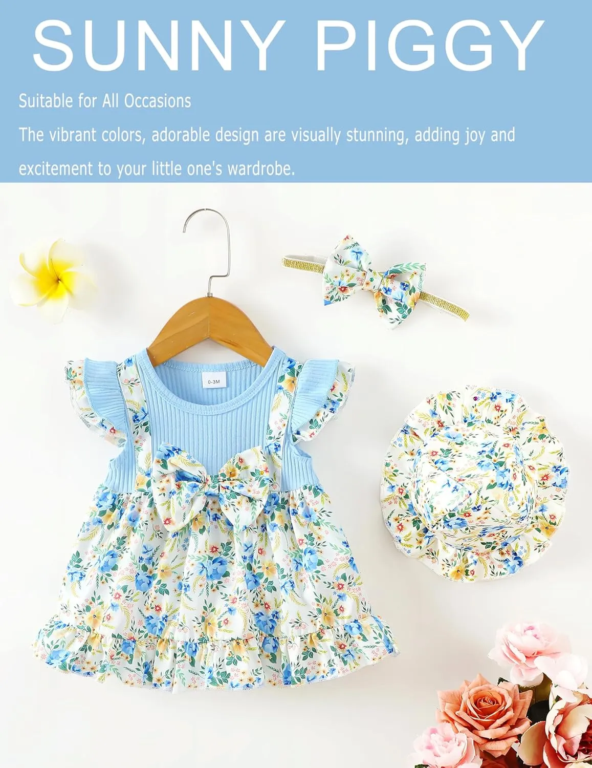 SUNNY PIGGY Baby Girl Clothes Newborn Infant Dress Outfit 0 3 6 9 12 18 24 Months Skirt Set Headband Hat