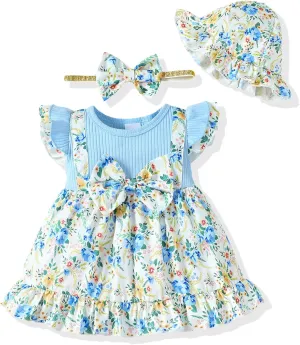 SUNNY PIGGY Baby Girl Clothes Newborn Infant Dress Outfit 0 3 6 9 12 18 24 Months Skirt Set Headband Hat